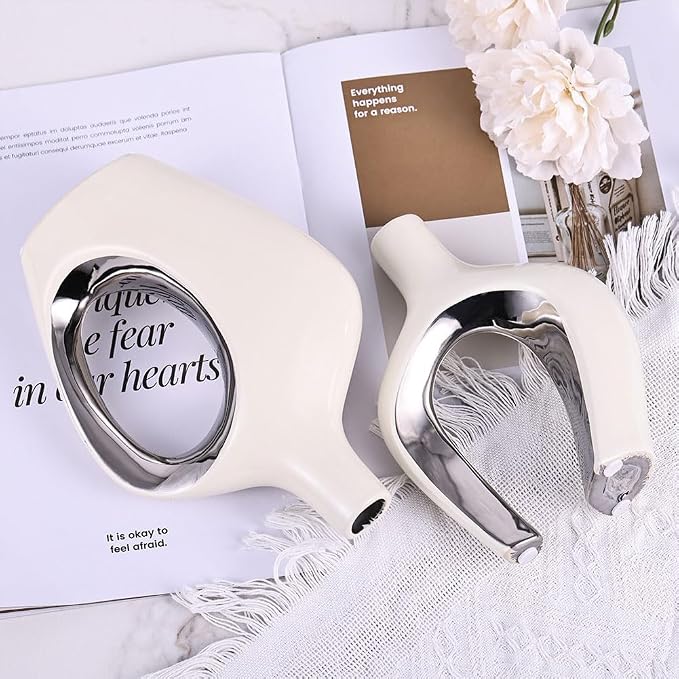 White and Silver Hollow Ceramic Vase Set of 2, Modern Nordic Boho ins Style Aesthetic Decorative Flower Vase for Home Decor, Wedding, Living, Bedroom, Dining Table, Shelf, Mantle, Office Decor