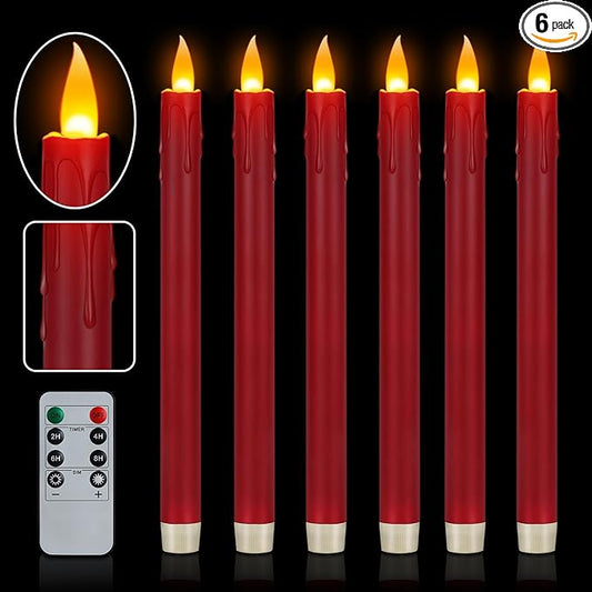 wemarry 6 Pcs Burgundy Flameless Taper Candles with Remote, 10" White Battery Operated Led Candlesticks with Flickering 3D Flame, Fake Taper Candles for Halloween Anniversaries Dinner Home Décor