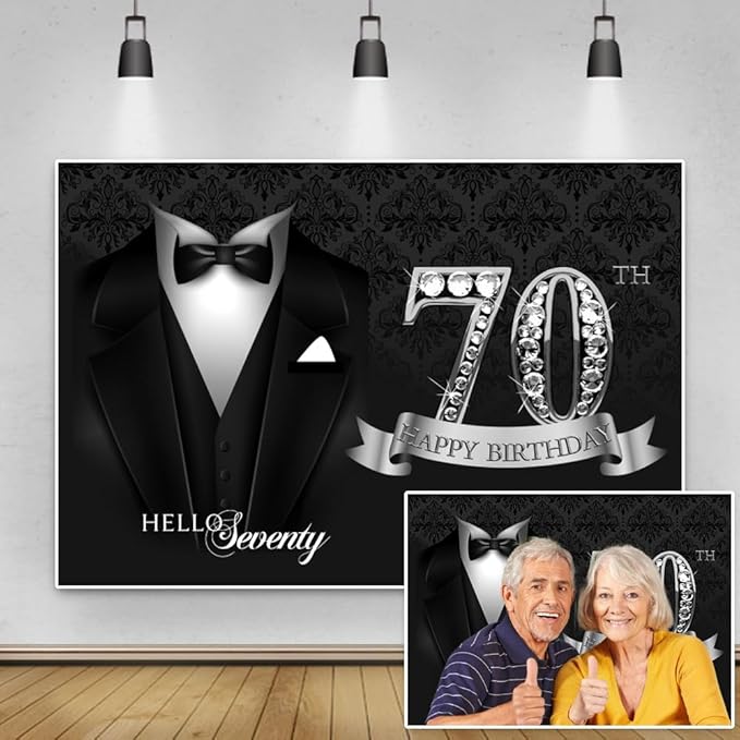 15x10ft Men 70th Birthday Tuxedo Backdrop Black Necktie Suit Tuxedo Silver Diamonds 70th Happy Birthday Photography Background Hello Seventy Father Grandpa Luxury Birthday Party Supplies