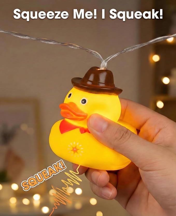 AceList Cowboy Rubber Duck String Lights - 20 LED Squeaky Night Light for Bedroom, Bathroom & Jeep Dashboard, USB/Battery Box Powered Novelty Western Gifts for Kids Christmas Party