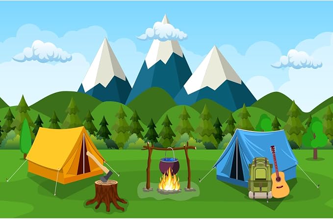 Cartoon Camping Photography Background Forest Mountain Scenery Camping Adventure Backdrop Outdoor Campfire Camper Tent Backdrop Hiking Climbing Sign Guitar Backpacks Background Props 5x4ft