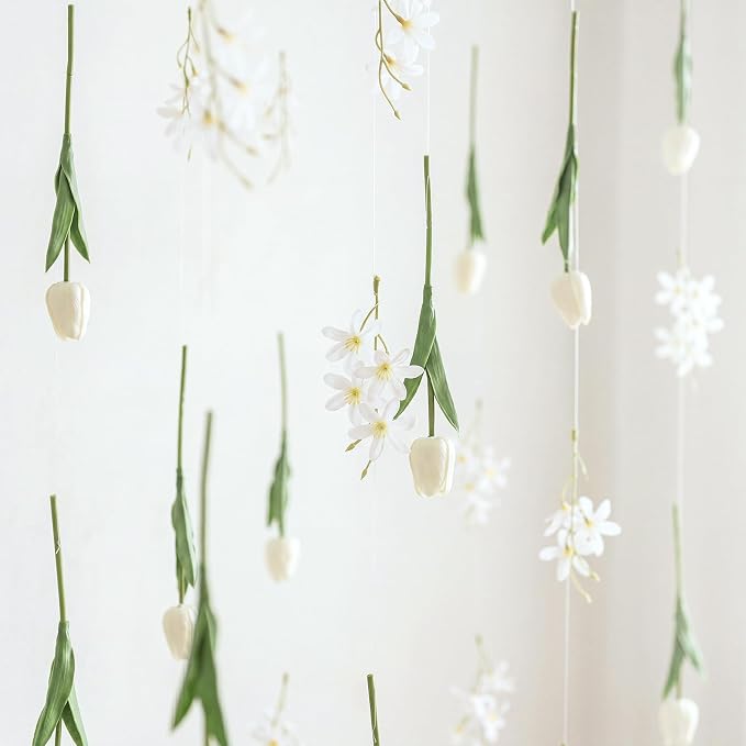 6 Pcs 35.4ft Artificial Tulips Hanging Flower Garlands with Hooks, Spring Faux Tulip and Wildflower Ceiling Vines, White Floral Backdrop for Wedding Party Home Wall Arch Decor