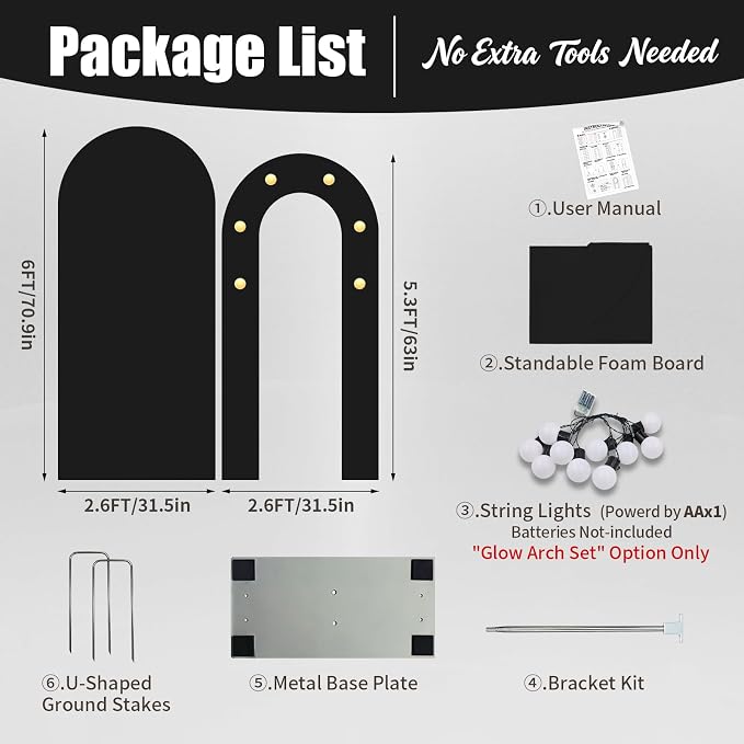 6FT Arch Backdrop with Stand Set, Lighted Arch Set, No-Tip Stability Glow Foam Board Photo Booth Background for Wedding Birthday Party Ceremony Baby Shower Banquet Decoration Reusable - Black