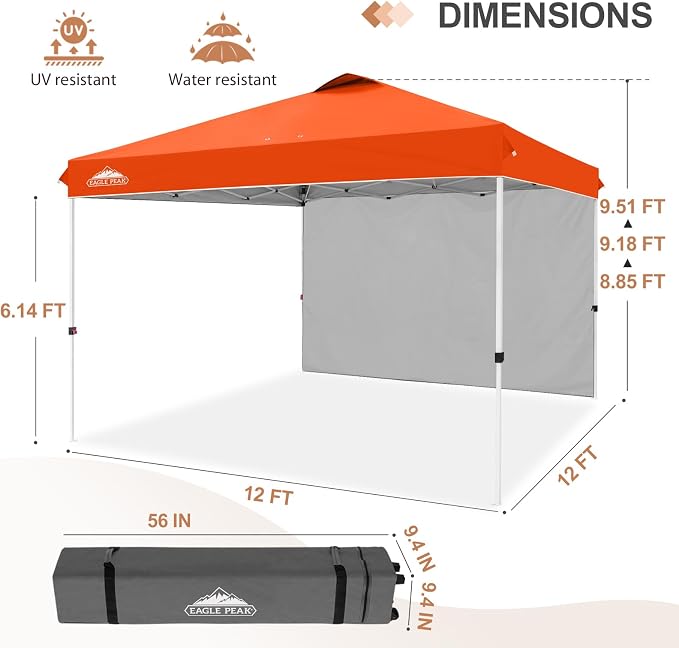 EAGLE PEAK Commercial Canopy 12x12 Pop Up Canopy Tent with 1 Sidewall, Easy Setup Heavy Duty Instant Event Shelter for Vendors & Markets, Outdoor Sun Shade, Orange