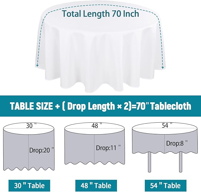 Kesfey 6 Packs Round Tablecloth 70 Inches White Polyester Table Cloths Stain and Wrinkle Resistant Tablecloths for Round Tables Washable Circle Fabric Tablecovers for Wedding Camping Banquet Parties