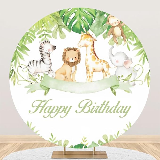 Jungle Animals Birthday Round Backdrop 7.5ft Happy Birthday Circle Backdrop Cover Tropical Green Leaves Safari Animals Theme Birthday Party Decor Cake Table Banner Kids Photo Booth Shoot Props