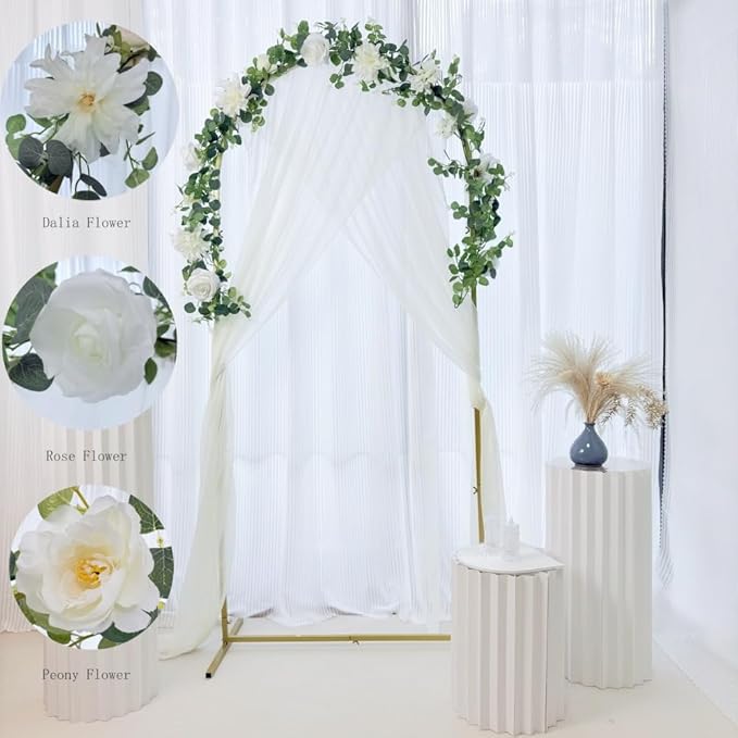 Artificial Flower Garland，6.5Ft Fake Dahlia Rose Flowers Garland Floral Eucalyptus Greenery Vine for Wedding Arch，Table Runner Centerpieces Backdrop Room Wall Hanging Plant Decor（White）