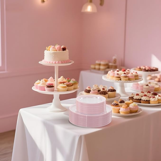 I00000 350 Pcs Clear Pink Plates for 50 Guests, Pink Dinnerware Include 100 Plates, 50 Cups, 50 Pre Rolled Napkins with Cutlery Set for Party, Wedding