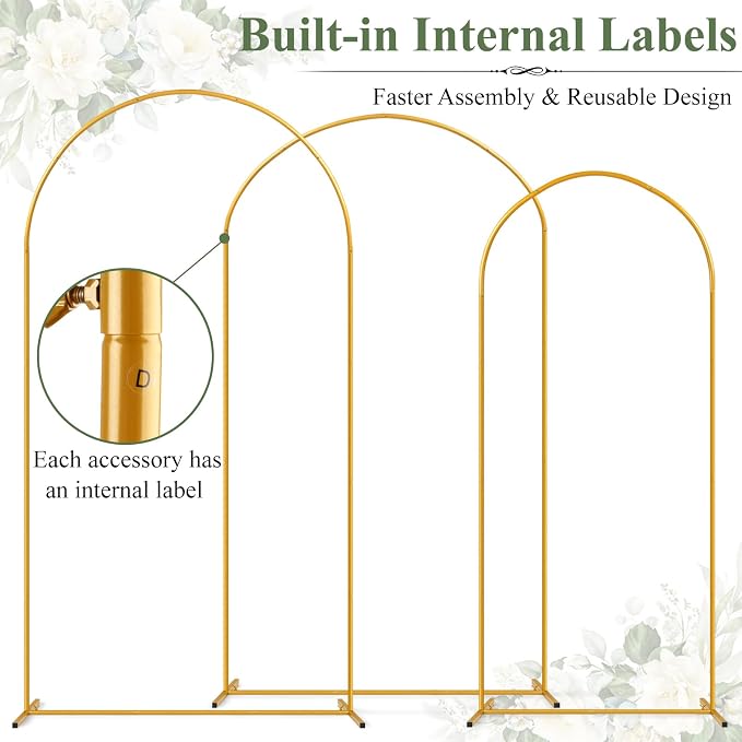 Tamodan Metal Arch Backdrop Stand Set of 3 (7.2FT+6.6FT+6FT), Gold Wedding Arch with 12 Ground Nails, Stable Balloon Flower Arch for Wedding Birthday Baby Shower Garden Decor