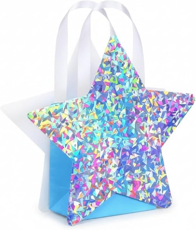 Sweetude 1 Pcs Star Shaped Party Favor Bags with Handle Mini Iridescent Paper Gift Goodie Bags for Holiday Wedding Birthday Party Supplies (Chic Style)