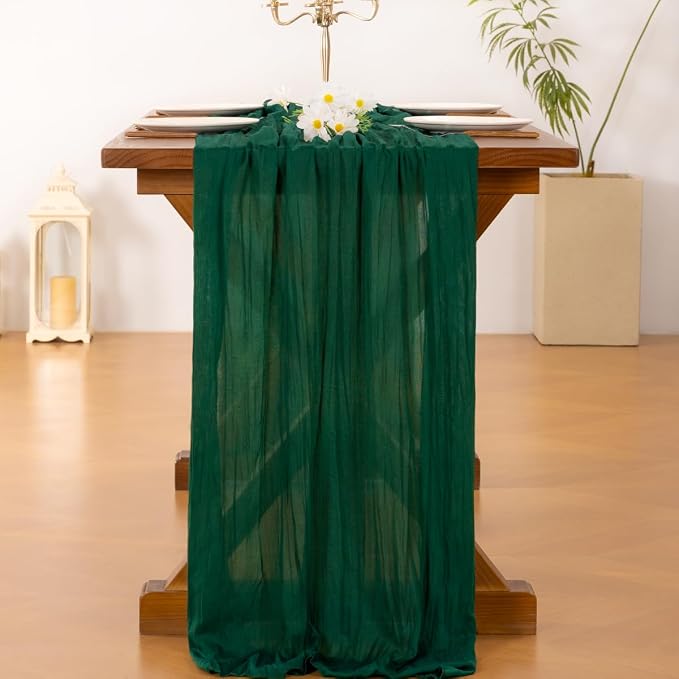Socomi 6pcs Emerald Green Cheesecloth Table Runner Summer Boho Rustic Gauze 120 inch 10FT Cheese Cloth Sheer Runner for Wedding Party Baby Shower Birthday Home Decor Holiday Decorations