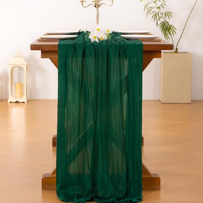 Socomi 3pcs Emerald Green Cheesecloth Table Runner Summer Boho Rustic Gauze 120 inch 10FT Cheese Cloth Sheer Runner for Wedding Party Baby Shower Birthday Home Decor Holiday Decorations