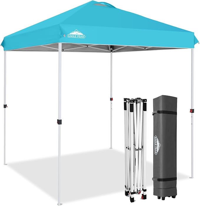 EAGLE PEAK Pop Up Canopy Tent with Wheeled Carry Bag, 8 Stakes, 4 Ropes, Easy Set Up Tent Canopy, 6.6x6.6 ft, Light Blue