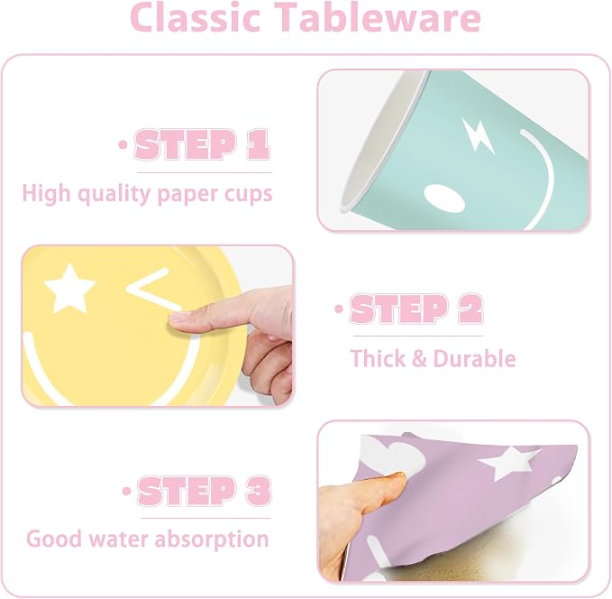 199PCS Smiley Face Birthday Decorations Smile Pastel Themed Preppy Theme Plates and Napkins Set,Balloon, Banner,Tablecloth, Hanging,Cupcake Topper,Smiley Pastel Birthday Party Supplies Serve 24 Guests