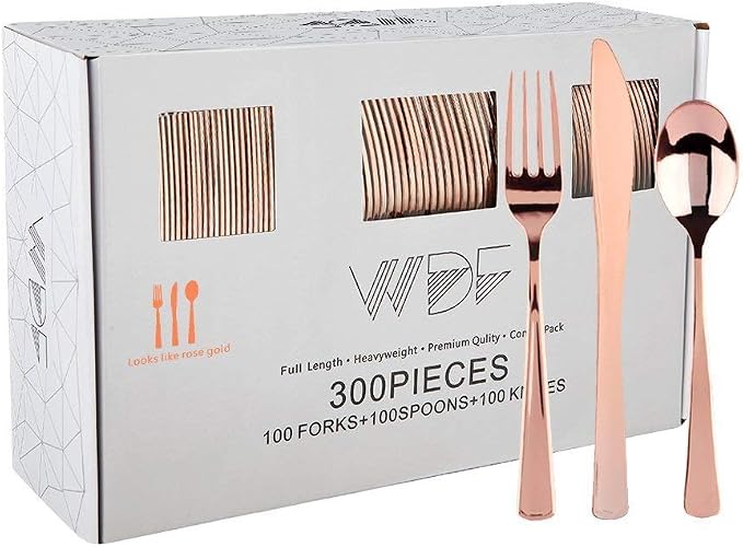 WDF 300 Pieces Rose Gold Plastic Silverware- Disposable Flatware Set - Heavy Duty Plastic Cutlery Includes 100 Forks, 100 Spoons, 100 Knives Perfect for Wedding/Party/Birthday