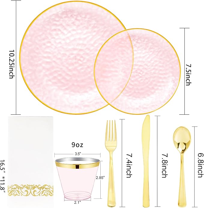Rubtlamp 175 Pcs Pink Plastic Plates Dinnerware Set (25 Guests), Pink Disposable Plates With Gold Rim, Hammered Party Platos Set Include Dinner Plates, Dessert Plates, Cups, Cutlery for Party