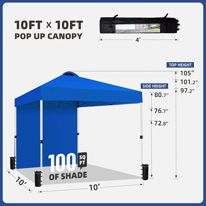 Durable 10 x 10 Pop-up Canopy Tent with 1 Sidewall, Portable Instant Camping Beach Canopy Tents, Blue