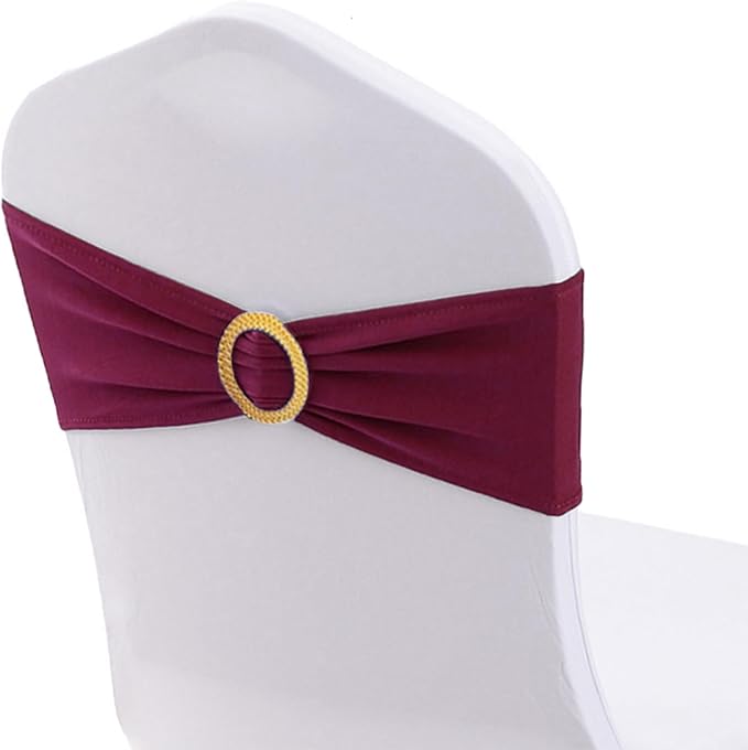 Pack of 50 Spandex Dark Burgundy Chair Sashes with Gold Buckles, Stretch Chair Bands Bows for Wedding Party Baby Shower Decor