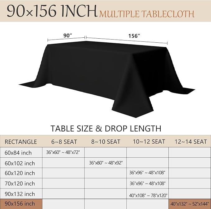 90x156 Table Cloth - 6 Pack Rectangular White Washable Stain and Wrinkle Resistant Polyester Table Cover for Dining Tables, Various Parties and Camping (Black)