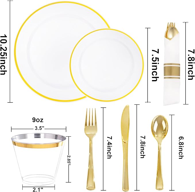 SUT 175 Pcs White and Gold Plastic Plates, Plastic Dinnerware Set for 25 Guests, Disposable Plates and Napkins Party Supplies, Gold Silverware, Plates, Cups and Napkins Sets for Party, Weddings