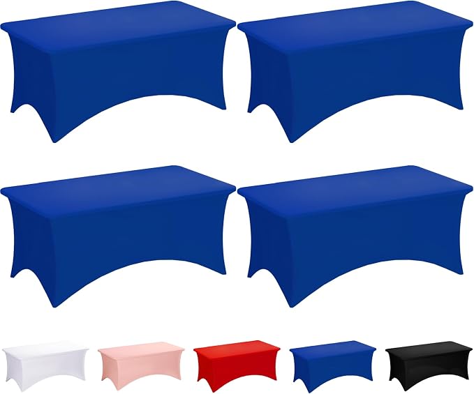 Fixwal Royal Blue Stretch Table Cloth Rectangle 4 Pack 6Ft, Spandex Fitted Table Covers Washable for Party, Trade Show, Banquet, Wedding, Buffet