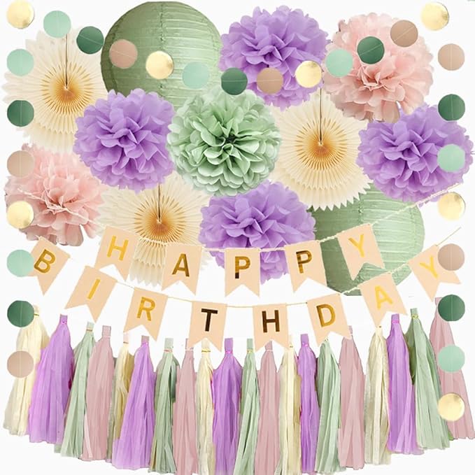 Pink Sage Green and Purple Birthday Decorations for Women Purple and Green Birthday Decorations Boho Lilac Sage Blush Pink Pastel Party for Girls Cream Dusty Rose Tassel Garland with Banner Beige Gold