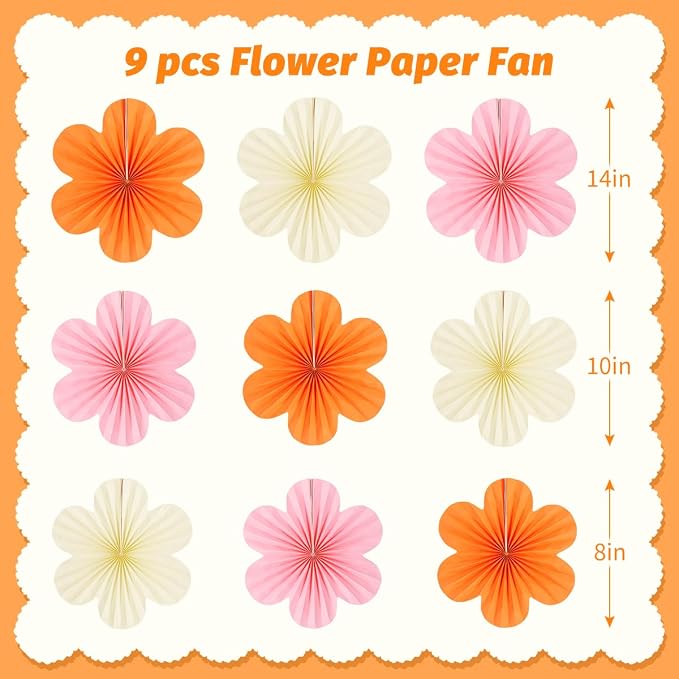 DODOKIM Paper Fans Party Decorations Paper Flowers Decorations for Wall Floral Backdrop Classroom Baby Shower Birthday Party Flower Wall Decor Pack of 9 Pink Orange Ivory