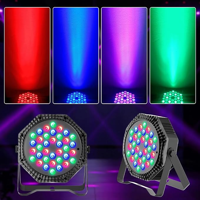 2-Pack LED Par Lights DJ Stage Light for Parties | 36LED, RGB, 9-Mode, Sound Activated, DMX Control, Uplighting for Wedding Club Christmas Disco Party Light