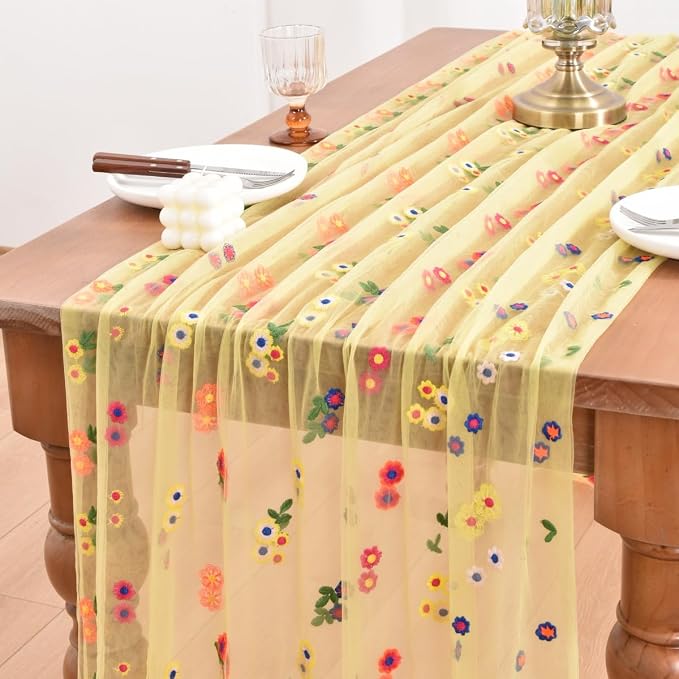 Joanlody 3pcs Yellow Summer Flower Table Runner 10ft Embroidery Daisy Floral Seasonal Tulle Table Runner for Home Garden Tea Party Holiday Birthday Decoration