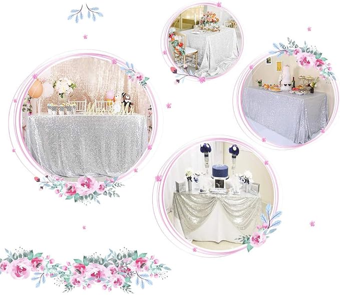 Juya Delight 50" x 80" Silver Rectangle Sequin Tablecloth for Party Dinner Banquet Festival Wedding Anniversary Exhibition Dessert Table