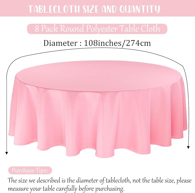 Fivenl 8 Pack Premium Round Tablecloth 108 Inch Pink Round Table Covers Bulk Washable Polyester Fabric Round Table Clothes for Wedding Party Reception Banquet Buffet Restaurant (Pink, 108 Inch)