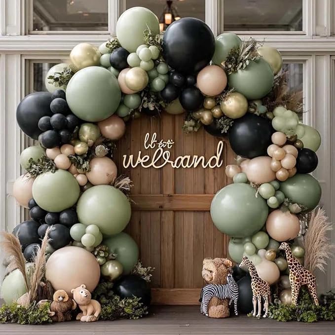 Sage Green Black Balloon Arch Kit, Double Stuffed Dusty Olive Green White Sand Cream Beige Gold Balloon Garland for Birthday Camo Woodland Jungle Wedding Boho Graduation Party Decoration