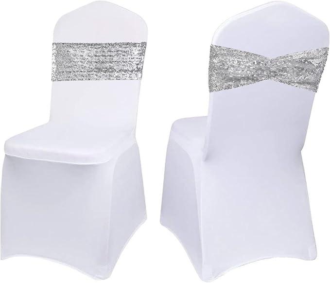 SquarePie Sequin Chair Sashes 30 Pack - Silver Decorative Sashes Bands for Wedding Party Decoration, Seuqin Fabric Bow for Banquet Reception Chairs