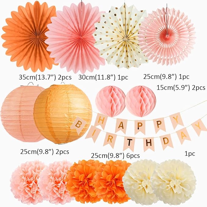 Boho Fall Peach and Orange Birthday Decorations Paper Lanterns Orange Peach Beige Pom Poms Pastel Autumn Birthday Party Decorations for Girls Women with Banner Beige Gold