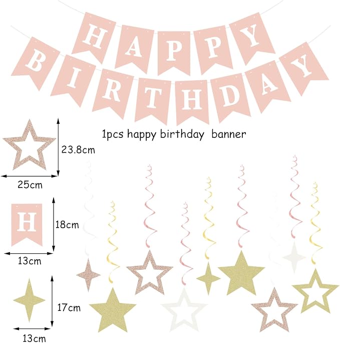 Pink Rose-Gold Champagne-Beige Birthday Party-Decorations - 19pcs Boho Rustic Streamers Banner,Paper Star Garland Lanterns Honeycomb Fan,Tissue Pom Poms,Wall Ceiling Backdrop Supplies Ouruola