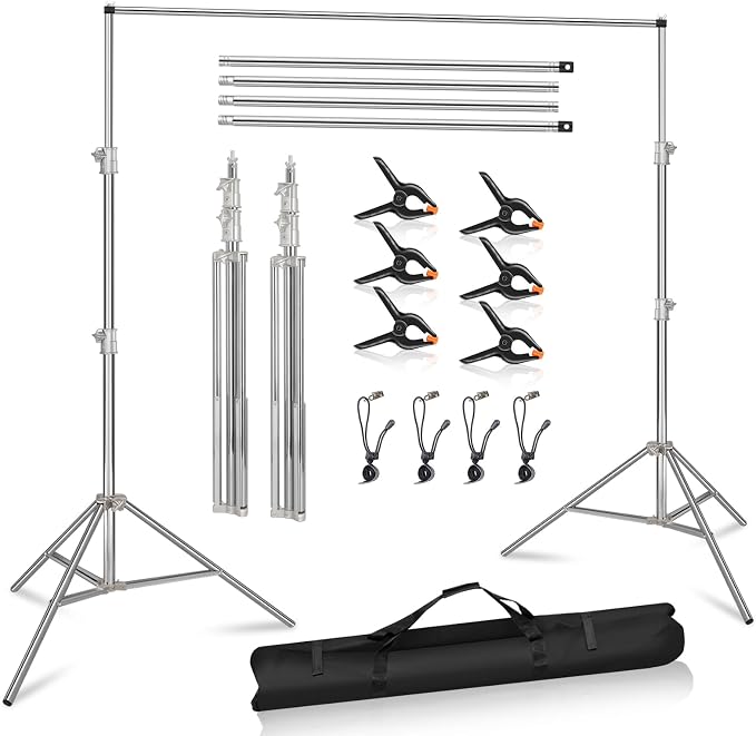 9.2 x 10 Ft Stainless Steel Backdrop Stand Heavy Duty, MSKIRA Adjustable Backdrop Stand Background Support System Kit for Photography, Parties, or Weddings with Clamps, Carry Bag