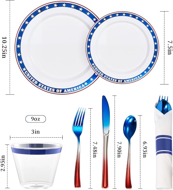 Goodluck 350 Piece 4th of July Blue Star Plastic Dinnerware Set for 50 Guests, Disposable Plates for Independence Day Supplies, Include: 100 Plates, 50 Pre Rolled Napkins with Silverware, 50 Cups