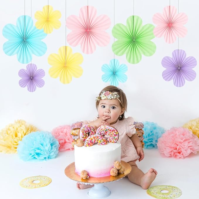 DODOKIM Paper Fans Party Decorations Paper Flowers Decorations for Wall Floral Backdrop Classroom Baby Shower Birthday Party Flower Wall Decor Pack of 9 Rainbow