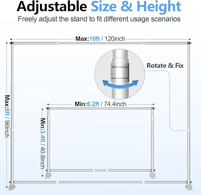 10 x 8FT Backdrop Banner Stand, Heavy Duty Adjustable Photo Background Support Frame Kit, Step and Repeat Stand for Photo Booth, Parties, Exhibition, Trade Show, Wedding - Silver