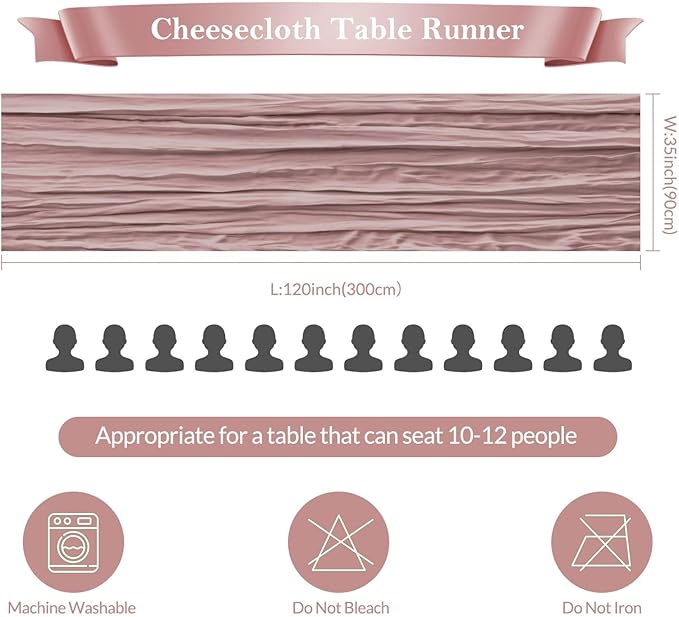 12 Pack Dusty Pink Cheesecloth Table Runner 35"×120" Gauze Fabric Table Runner Rustic Sheer Runner for Wedding Birthday Baby Shower Party Table Decoration Dusty Pink 12 Pack