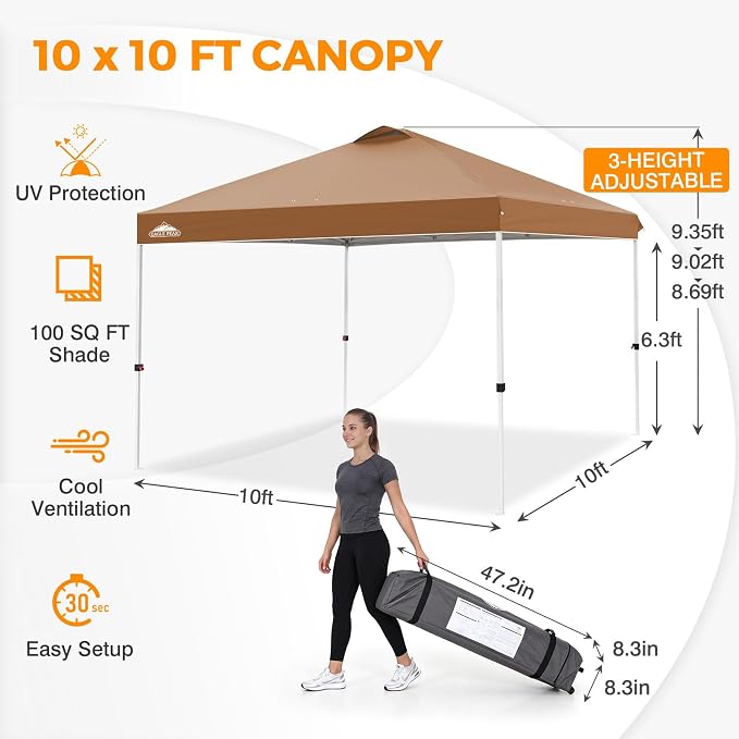 EAGLE PEAK Pop Up Canopy Tent with Wheeled Carry Bag, 8 Stakes, 4 Ropes, 4 Weight Bags, Easy Set Up Tent Canopy, 10x10 ft, 100sqft of Shade, Khaki