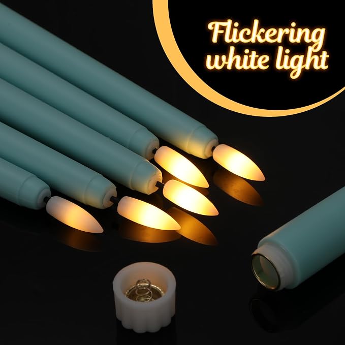 Macarrie 24 Packs Flameless Taper Candles Battery Operated Fake 11 Inch Long Candlelight LED Flameless Candlesticks Flickering Tapered for Summer Fall Wedding(Teal)