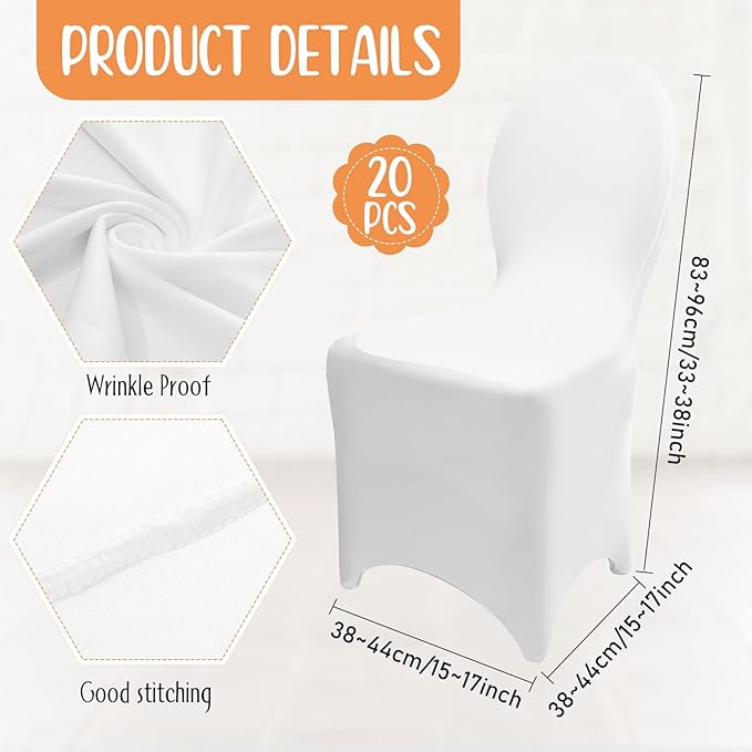 Moukeren 20 Pcs Wedding Chair Covers Spandex Folding Chair Covers Stretch Universal Polyester Fitted Seat Slipcovers for Wedding, Banquet, Celebration, Holidays, Dining Room, Living Room (White)