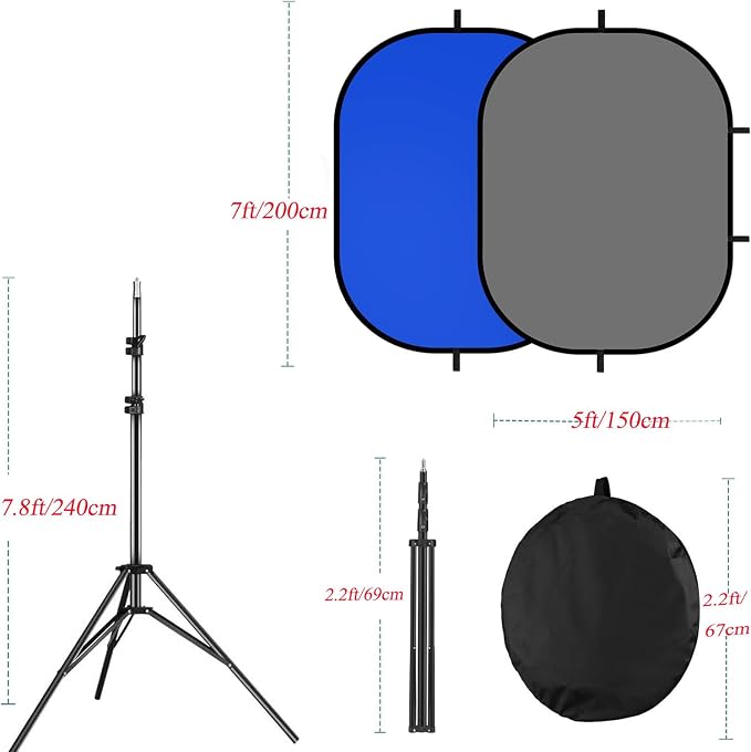 5x7ft/1.5x2m Chromakey Blue Grey Backdrop with 7.8ft/2.4m Stand, 2-in-1 Reversible Collapsible Pop-Up Blue Grey Screen Background Panel for Photography, Live Streaming, Video Shooting, Game