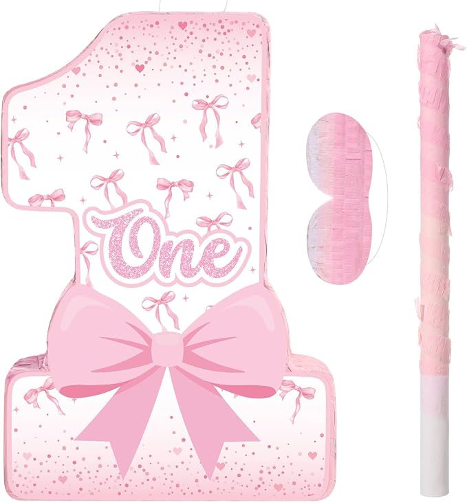Blosssound Pink Bow Piñata Girl 1st Birthday Party Decorations Supplies Number One Piñata Set with Stick Blindfold for Pink Coquette Theme Birthday Baby Shower Celebration Decorations (Bow)