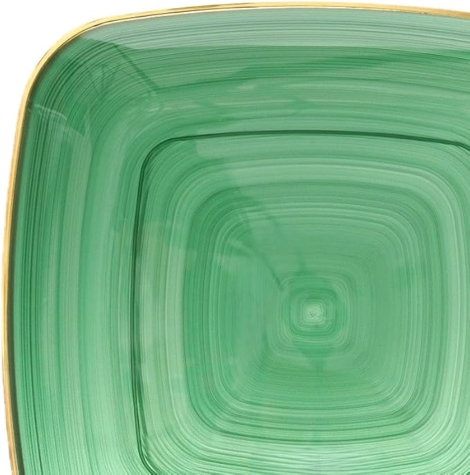 OCCASIONS 50 Green Disposable Dinner Plates (25 Guests) - Fancy Square Heavy Duty Plastic Dinnerware Set with Gold Rim for Wedding Party, 25x10" + 25x7" Salad/Dessert, BPA Free, Belize in Green & Gold