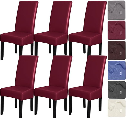 HFCNMY Dining Room Chair Covers Set of 6,Stretch Waterproof PU Chair Covers,Soft Chair Covers for Dining Room 6 Pack Dining Chair Covers Slipcover Washable Parson Chair Covers Red