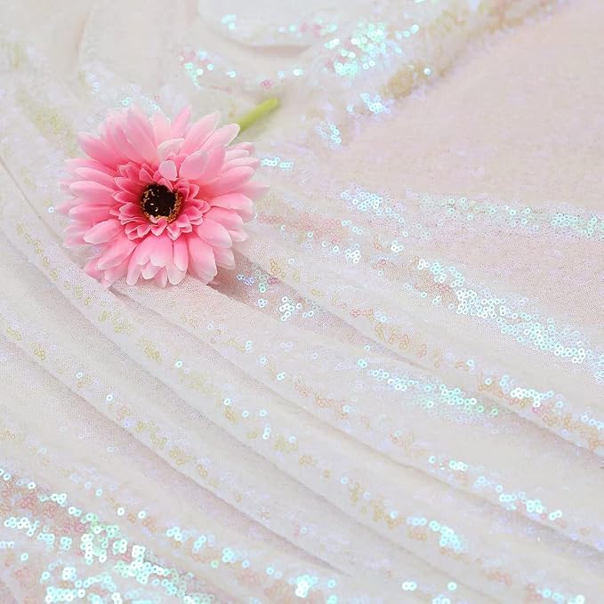 Juya Delight White Iridescent 60" x 102" Rectangle Sequin Tablecloth for Party Dinner Banquet Festival Wedding Anniversary Exhibition Dessert Table