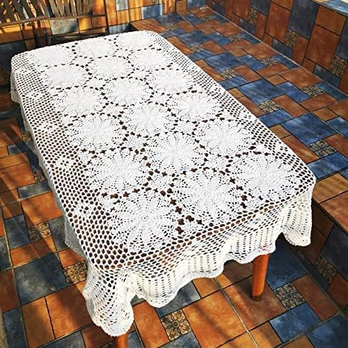 USTIDE Shabby Handmade Crochet Tablecloth Rectangle Romantic Table Cover White Lace Design Table Overlays Rectangular 51inchesx70inches