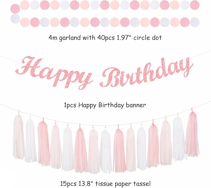 Light-Pink White Happy-Birthday Banner Party-Decorations - 31pcs 21st 30th Women Girls Paper Lanterns Streamers,Tissue Paper Flowers Pom Poms Fans Tassel Garland Decor Backdrop Supplies Hugmoon